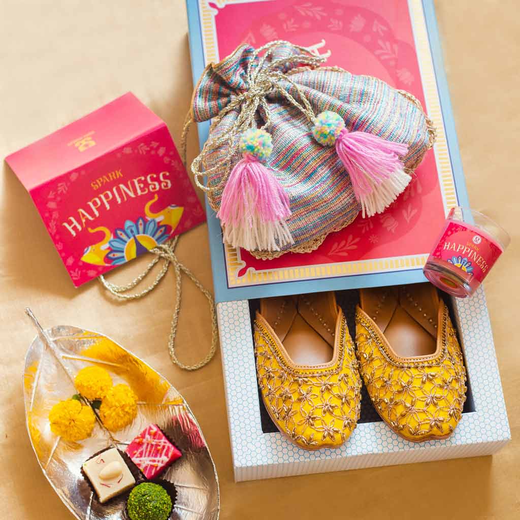 Shoes (your choice) + Potli + Candle : Festive Gift Box -  Festive Gift Box - Fizzy Goblet